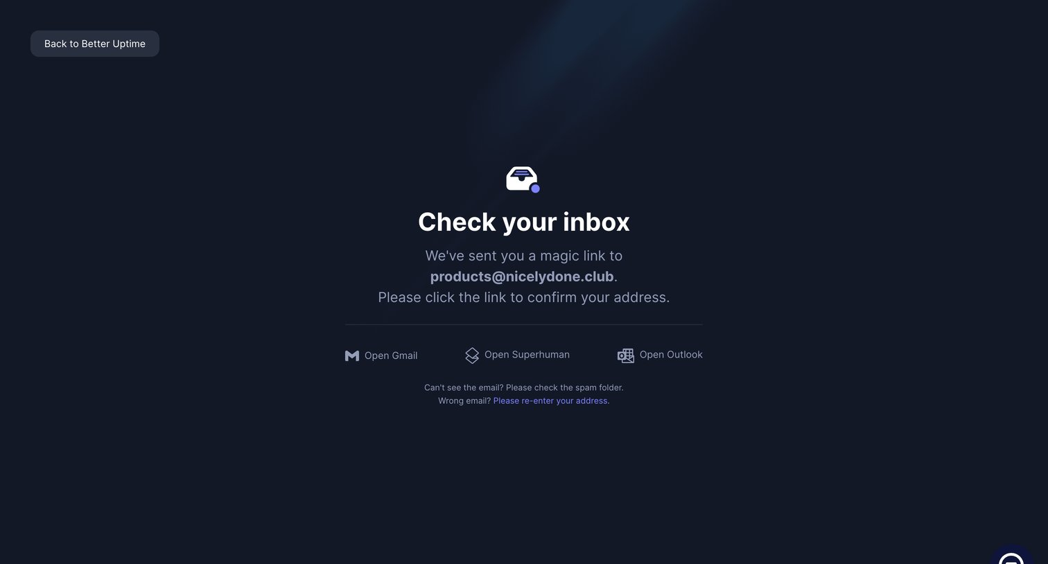 Better Stack - Check your inbox | Better Uptime screen