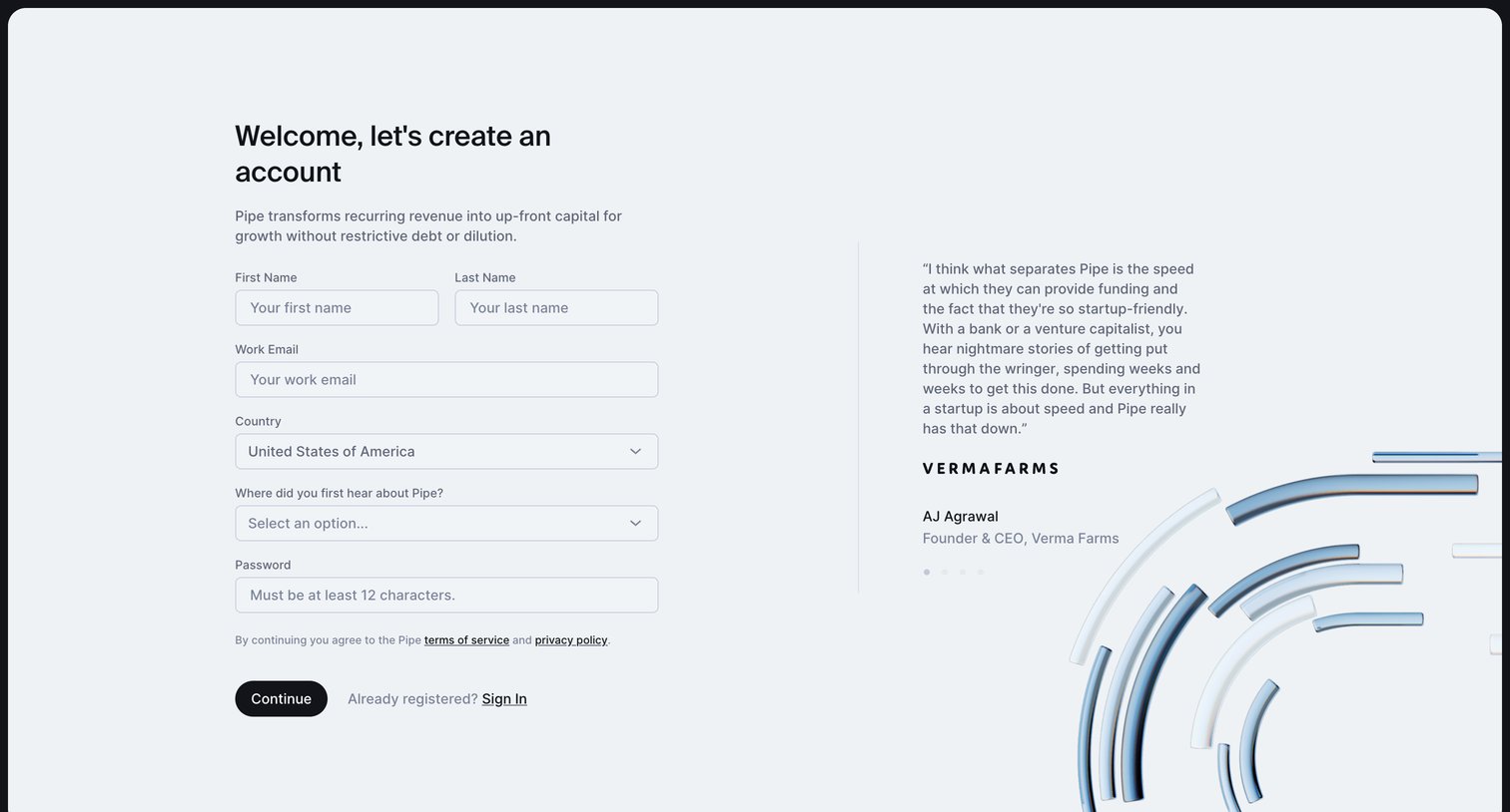 Pipe - Lets create an account screen
