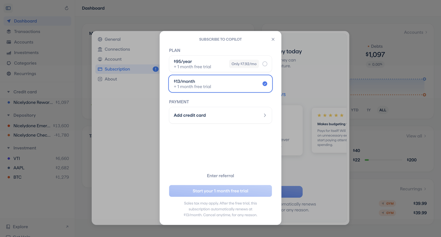 Copilot - Copilot Money | Dashboard screen