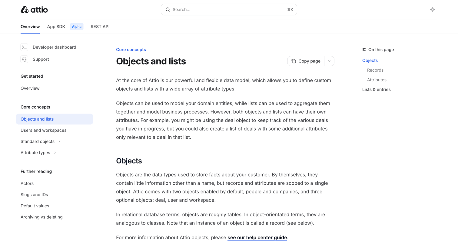 Attio - Objects and lists - Attio Docs screen