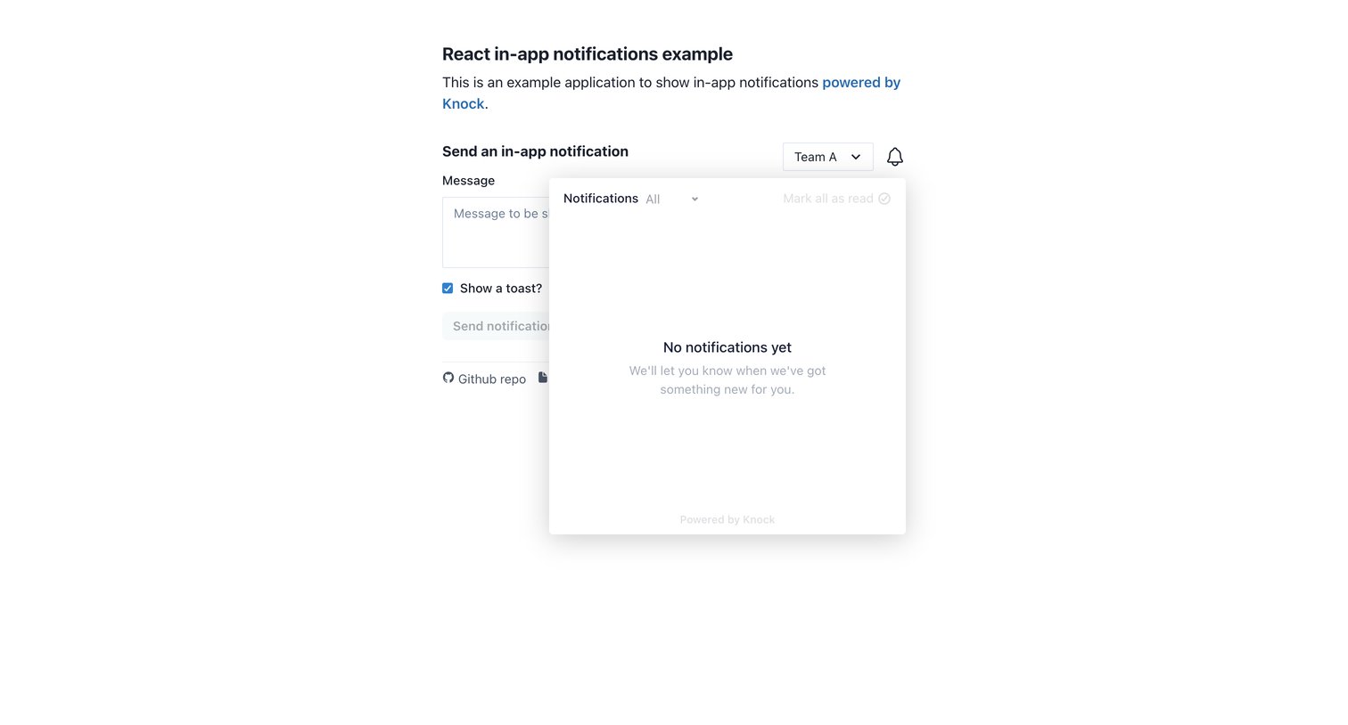Knock - React in-app notifications example | Powered by Knock screen