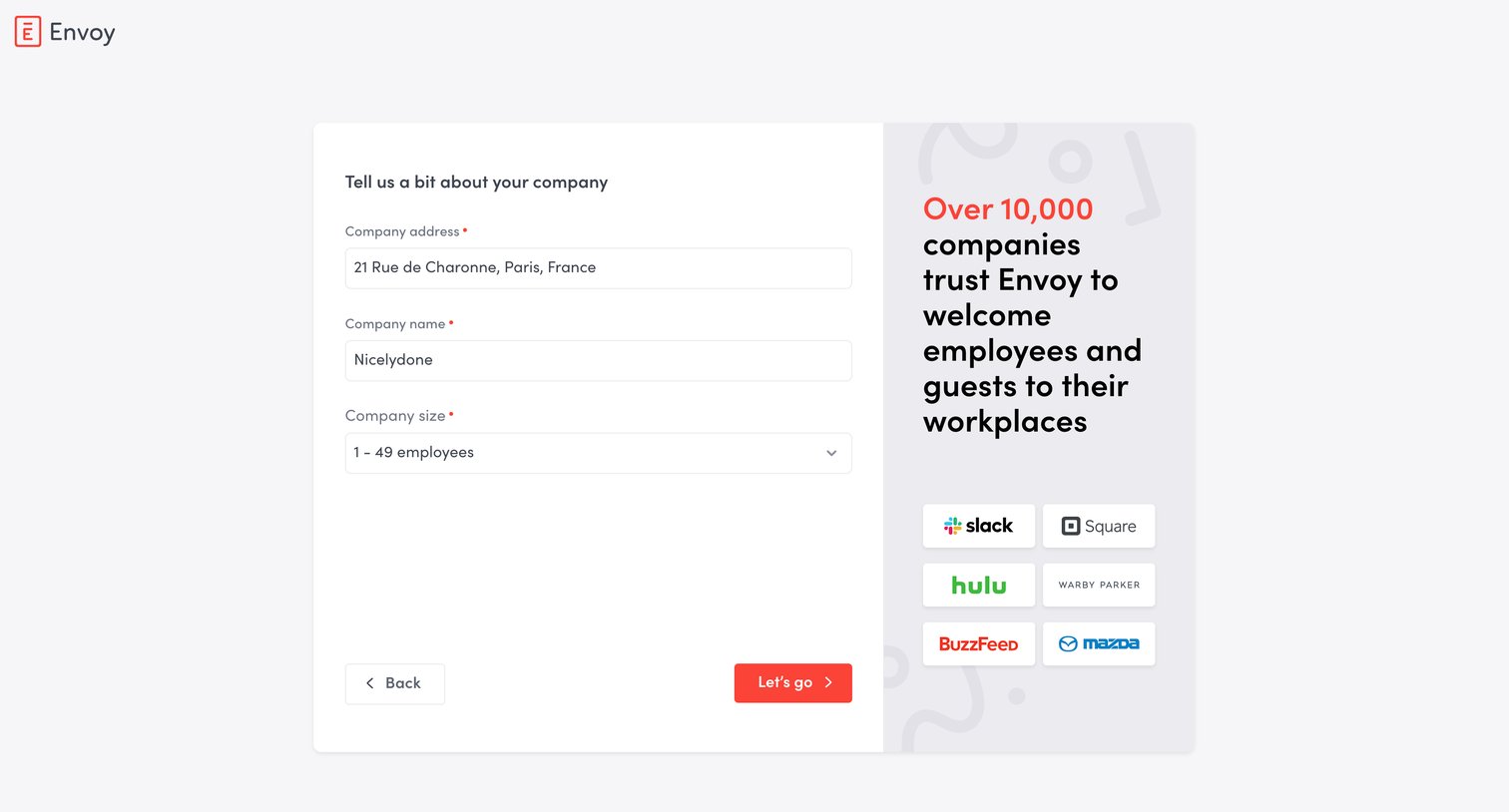 Envoy - Create your company’s Envoy account | Envoy screen