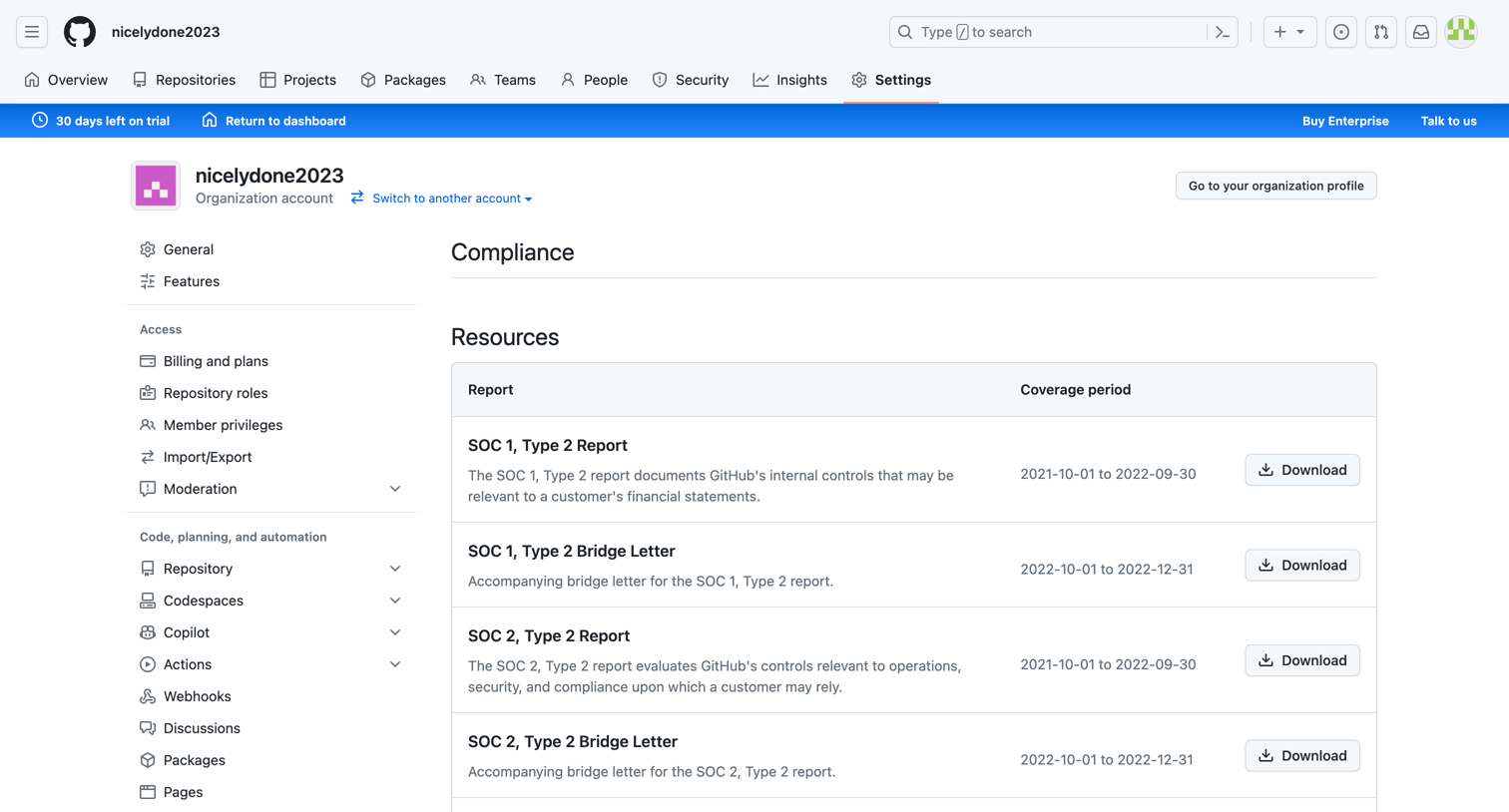 Github - Compliance screen