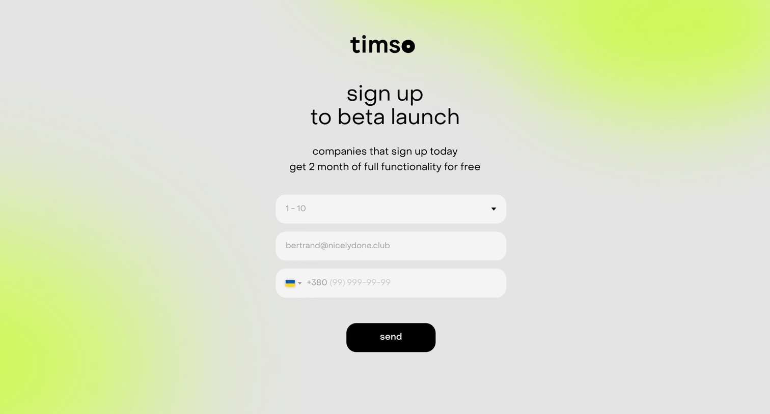 Timso - sign up screen
