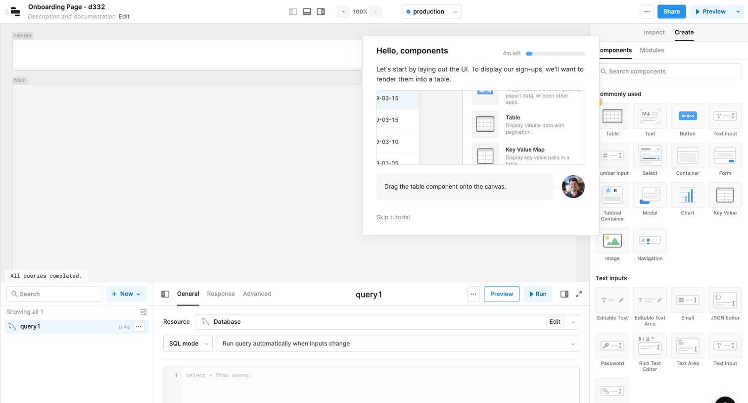Retool - Onboarding Page - d332 | Editor  Retool screen