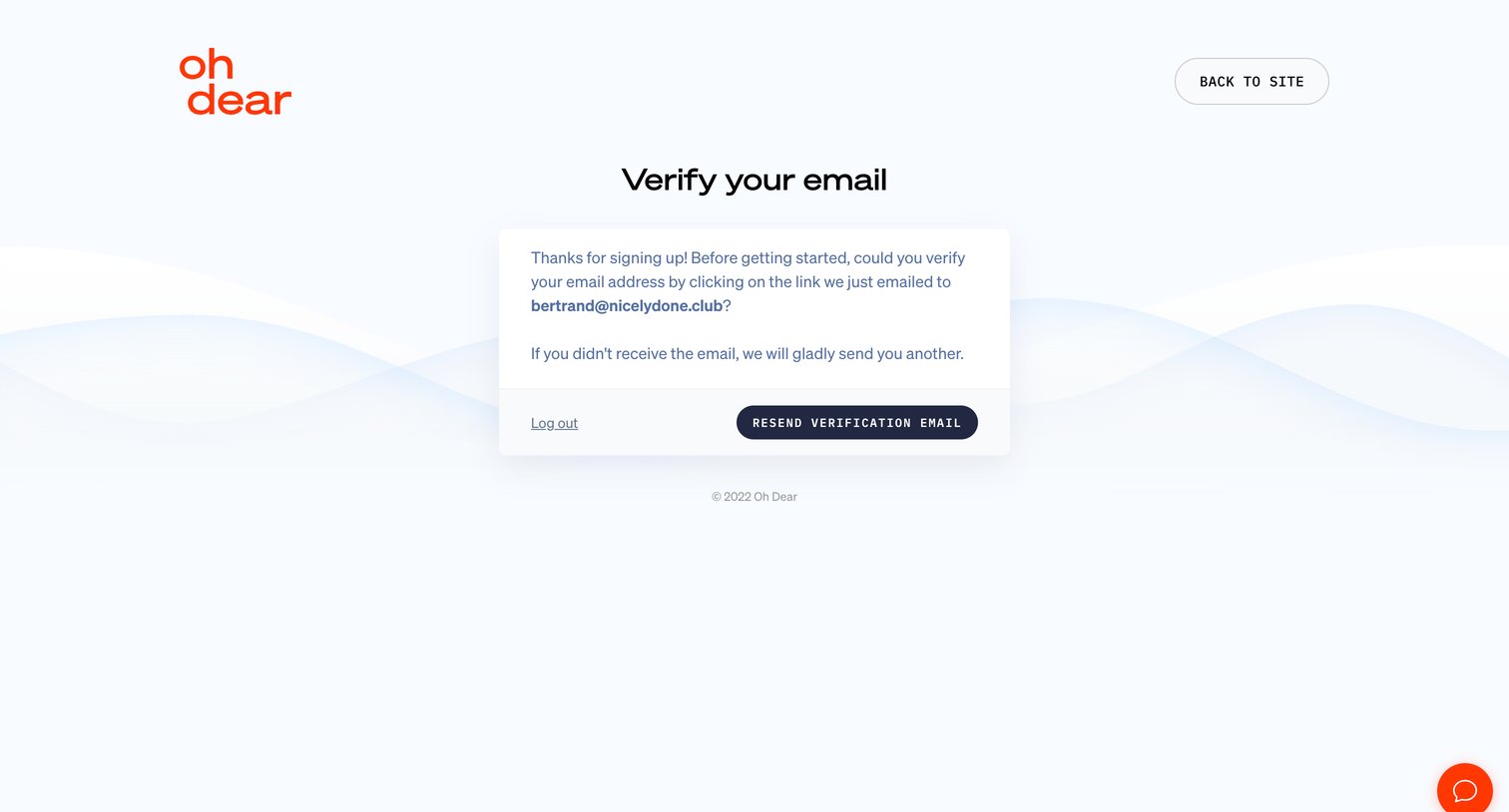Oh Dear - Verify your email - Oh Dear screen