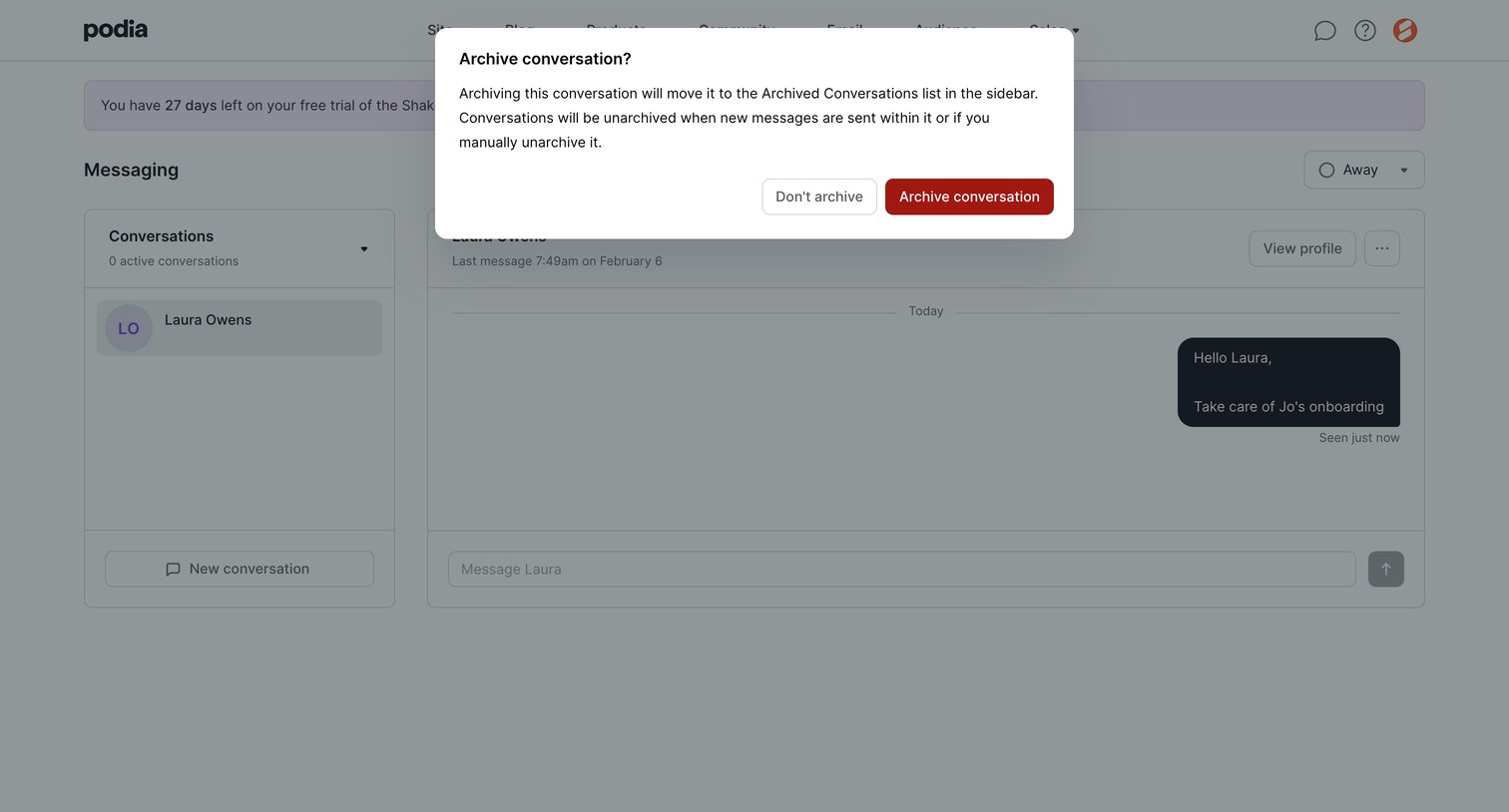 Podia - Podia Messaging screen