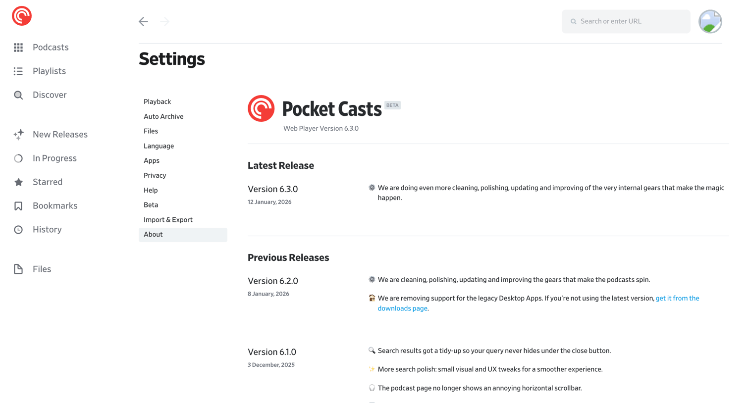 Pocket Casts - Settings - Pocket Casts screen