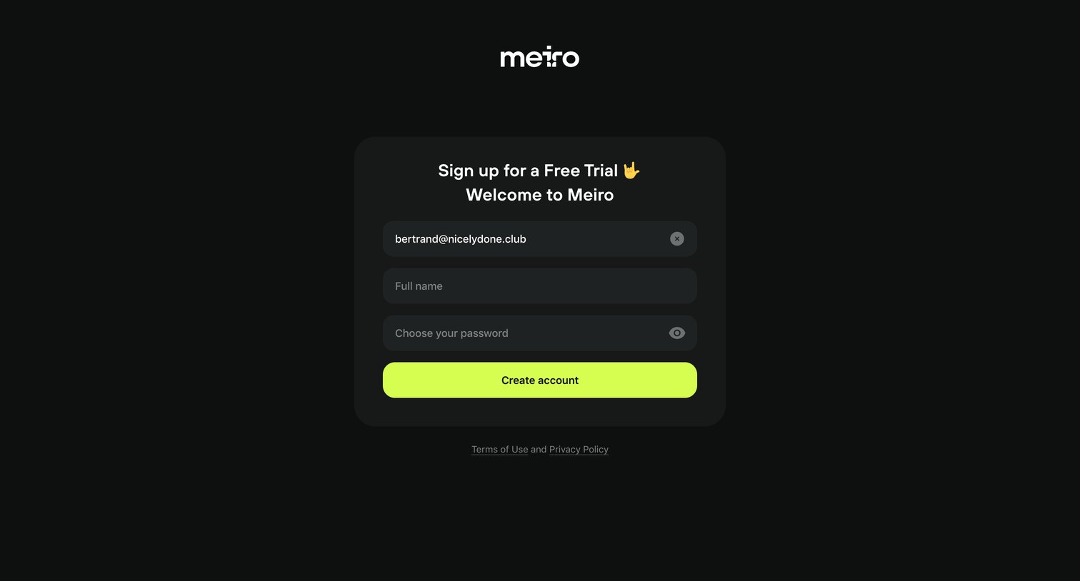 Meiro - Log in · Meiro screen