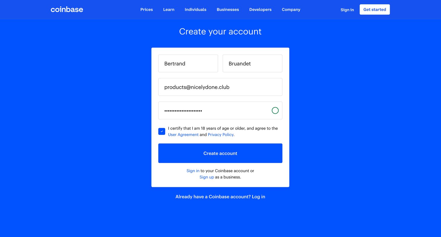 Coinbase - Sign Up - Coinbase screen