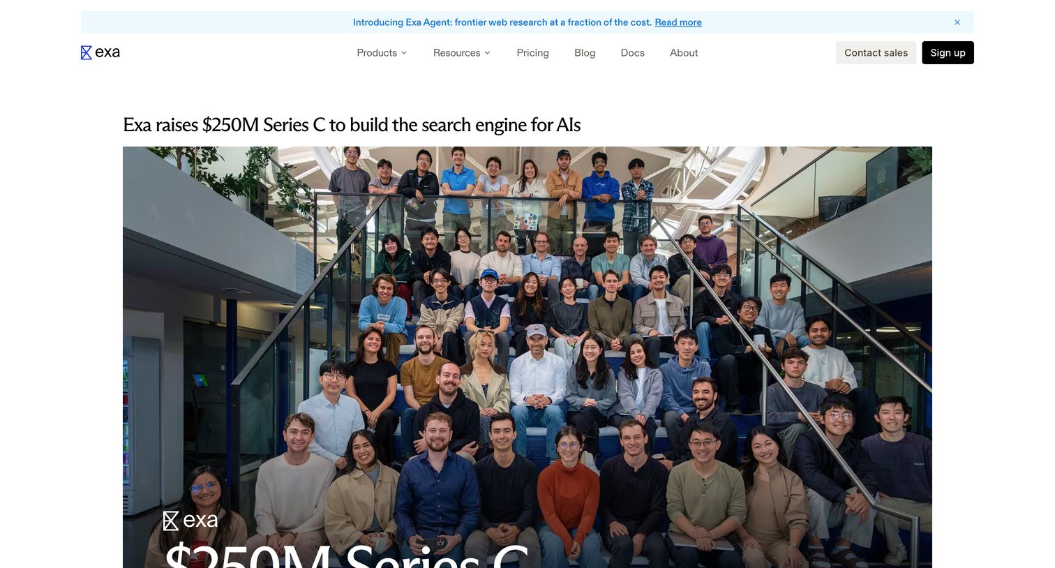 Exa - Exa Raises $250M Series C to Build the Search Engine for AIs Exa Blog screen