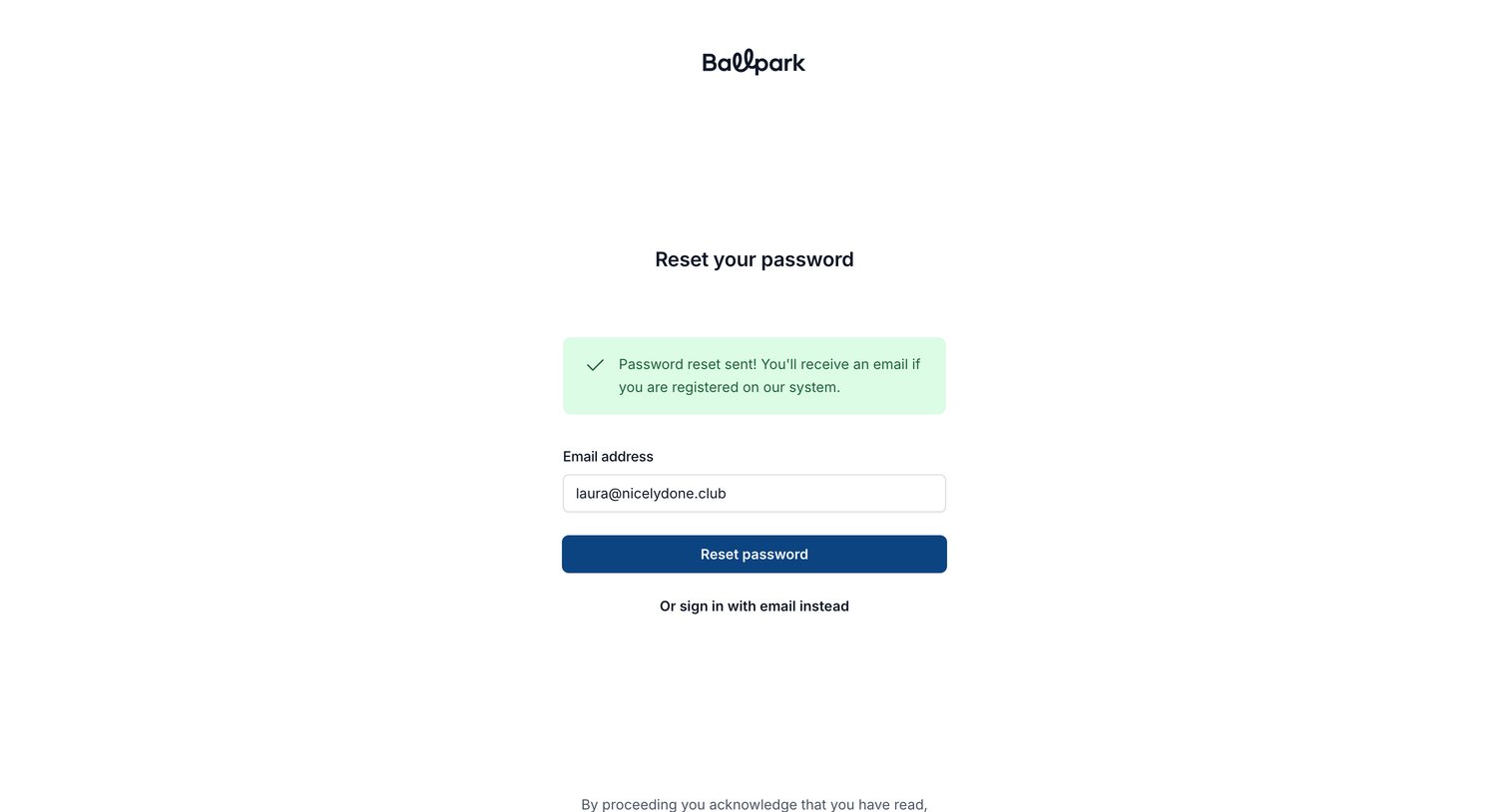 Ballpark - Reset your password | Ballpark screen