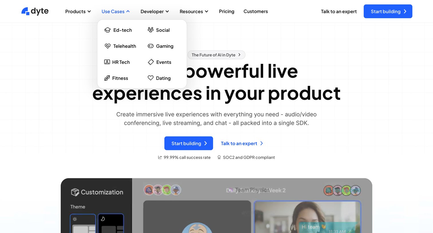 Dyte - Build powerful live experiences with Dytes SDKs screen