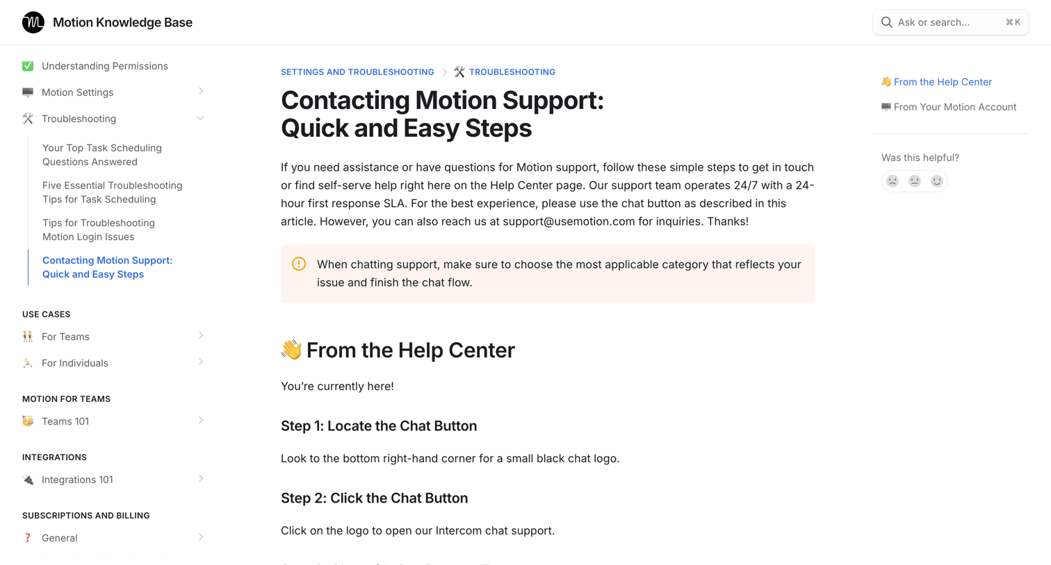 Motion - Contacting Motion Support Quick and Easy Steps | Motion Knowledge screen