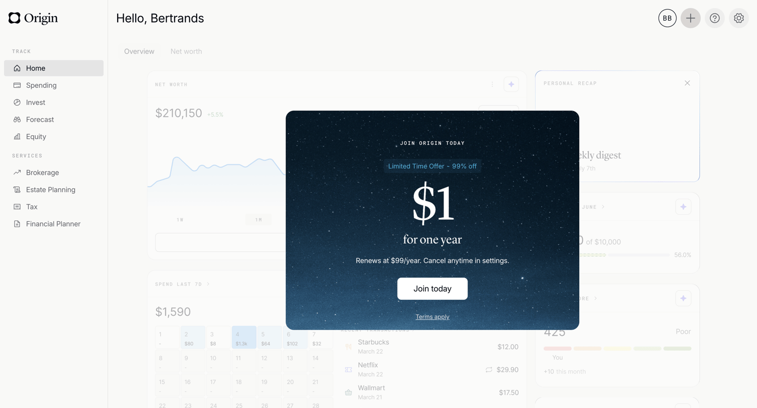Origin Financial screen