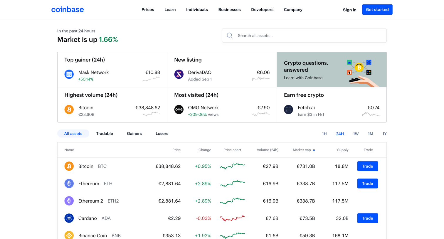 Coinbase - Cryptocurrency Prices, Charts, Daily Trends, Market Cap, and High screen