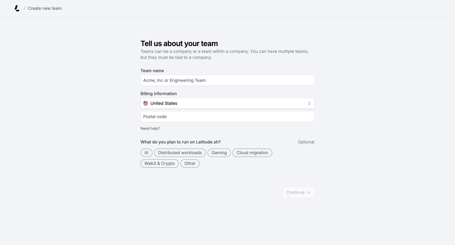 Latitude.sh - Create Team – Dashboard - Latitude.sh screen