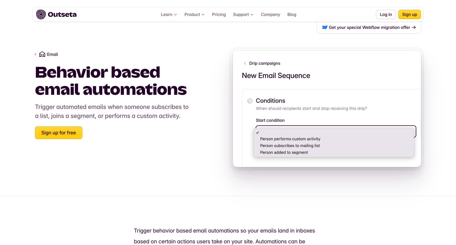 Outseta - Behavior based email automations Outseta screen