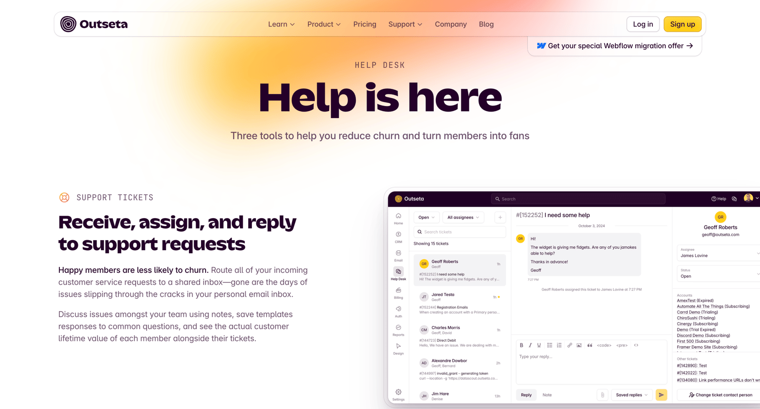 Outseta - Help Desk  Outseta screen