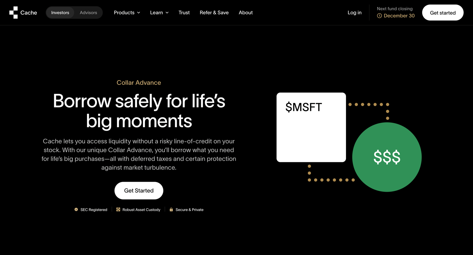 Cache - Collar Advance Financing  Safely Borrow Against Your Stocks  Cache screen