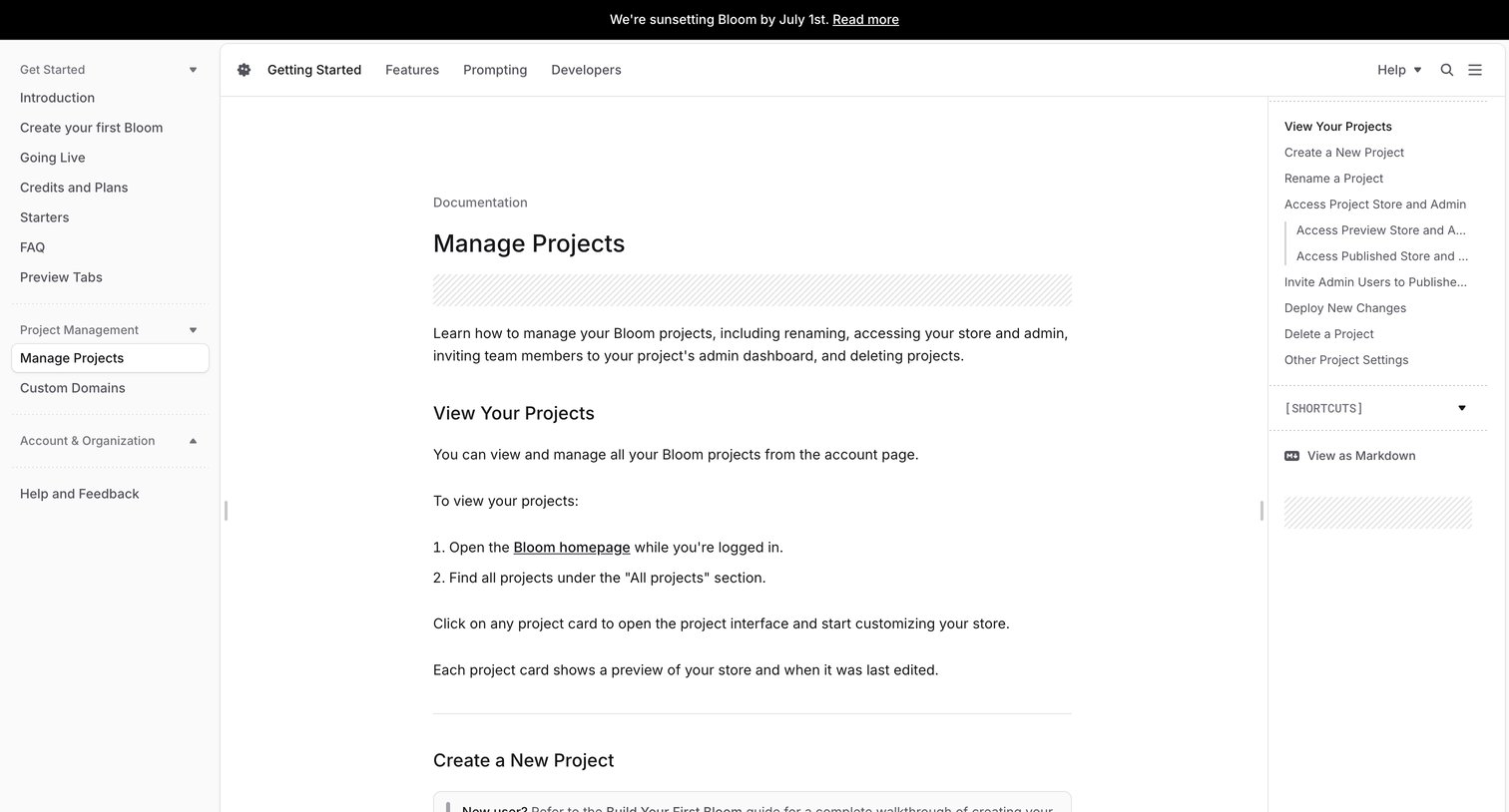 Bloom - Manage Projects - Bloom Documentation screen