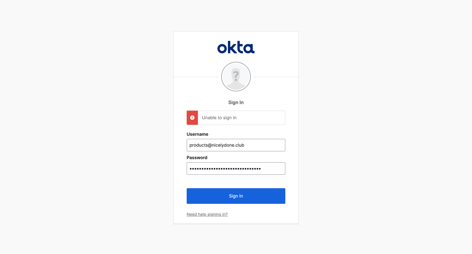Okta - Sign In screen