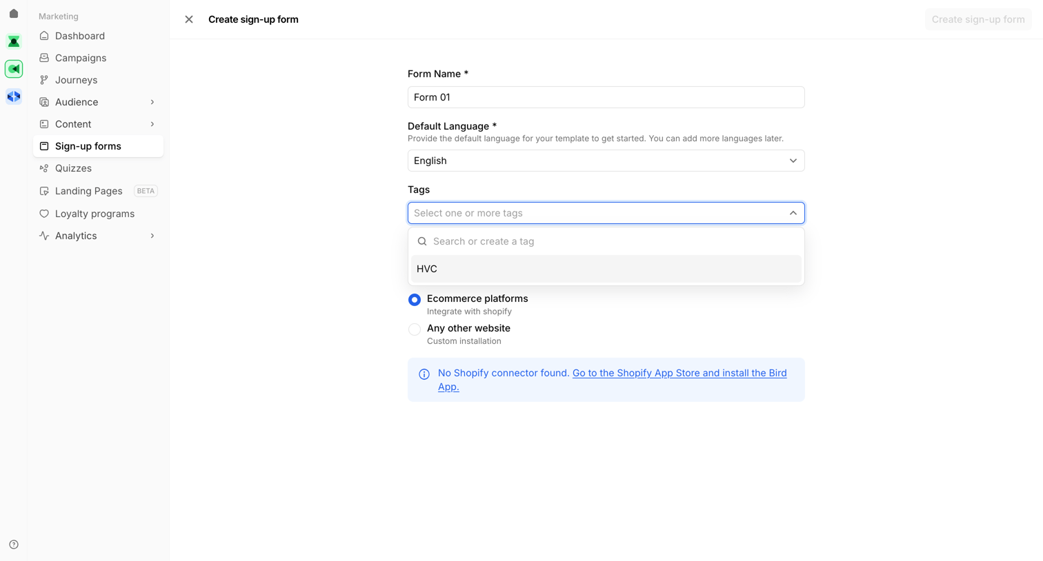 Bird - Create sign-up form | Bird screen
