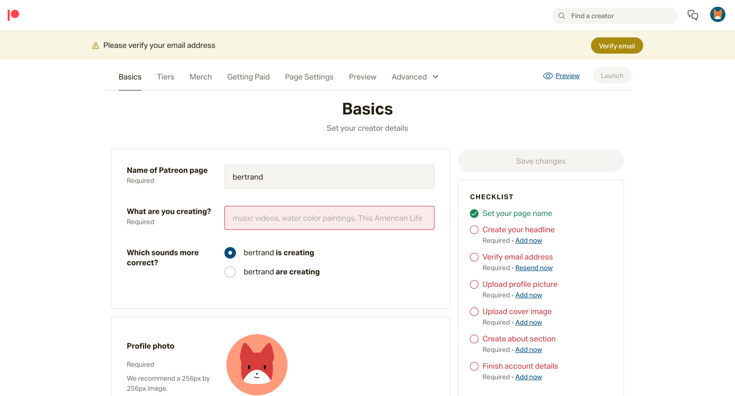 Patreon - Build your page | Patreon screen