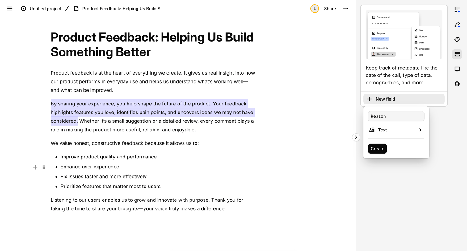 Dovetail - Product Feedback: Helping Us Build Something Better – Dovetail screen