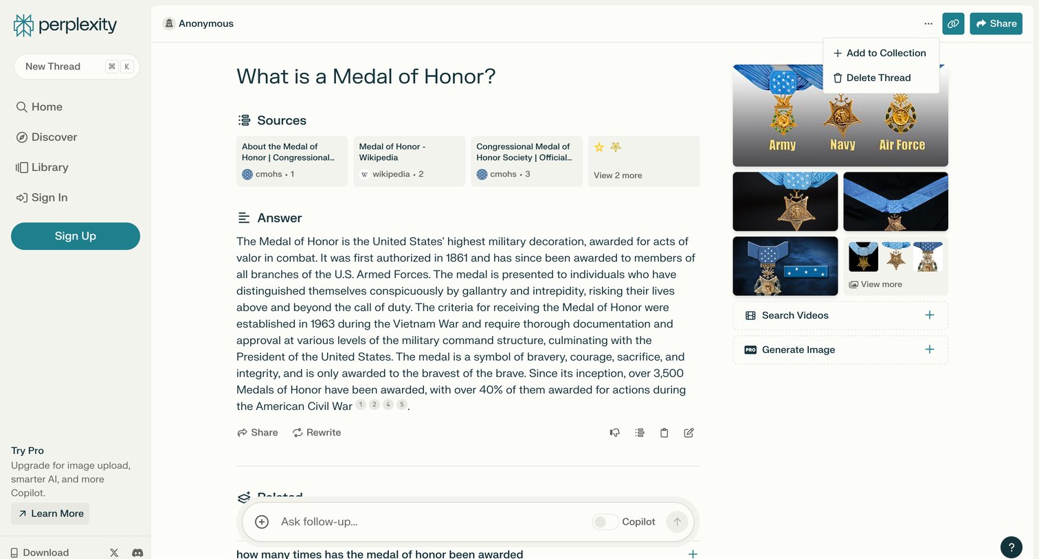 Perplexity - What is a Medal of Honor screen