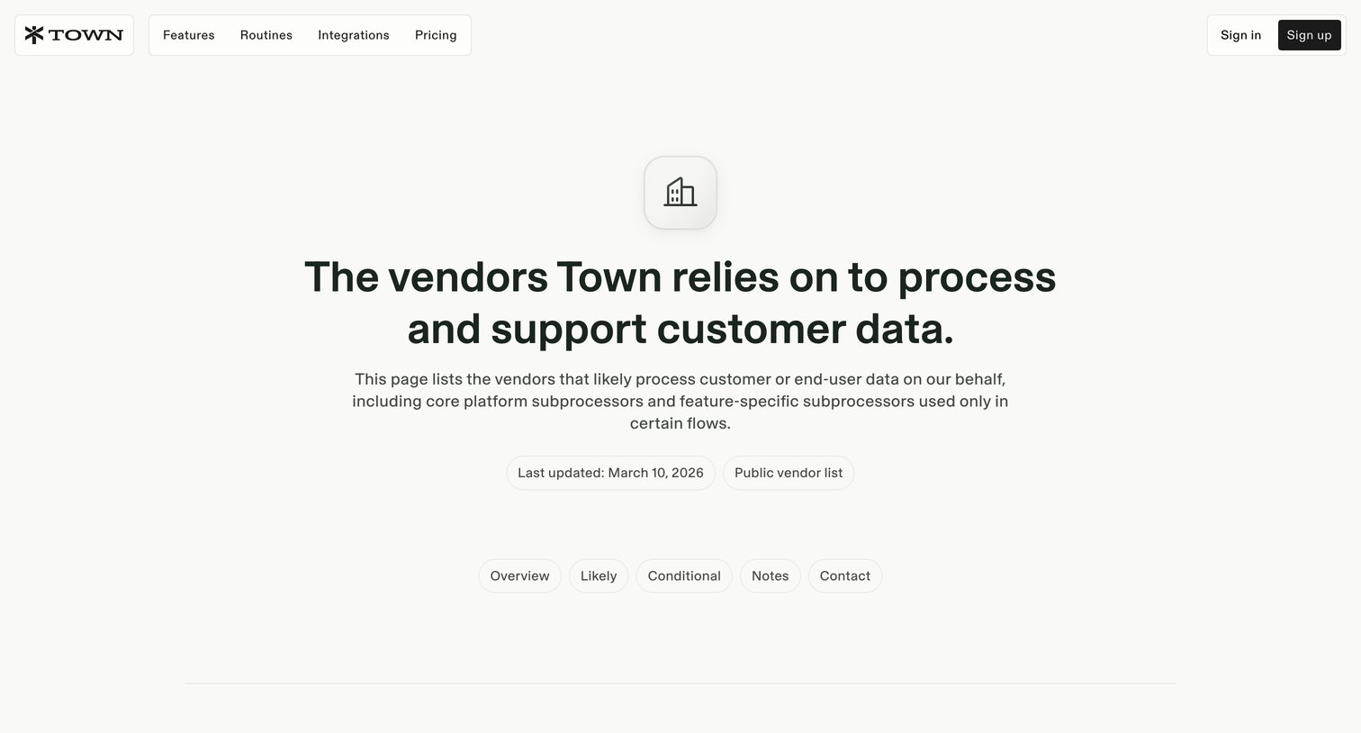 Town - Subprocessors screen