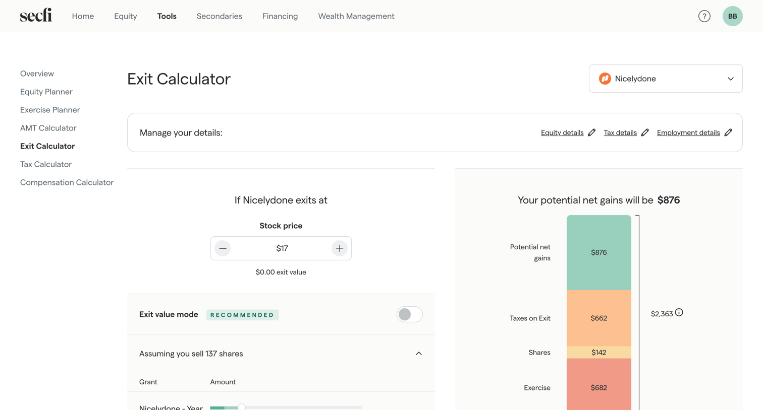 Secfi - Exit Calculator | Secfi screen