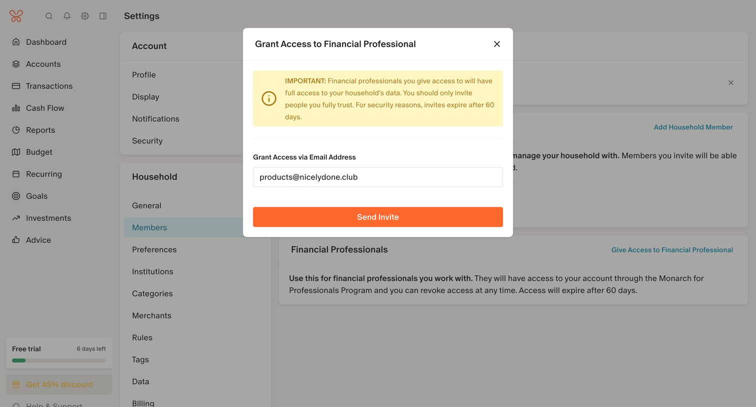 Monarch - Member Settings screen