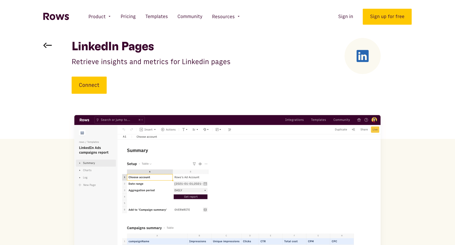 Rows - LinkedIn Pages | Rows screen