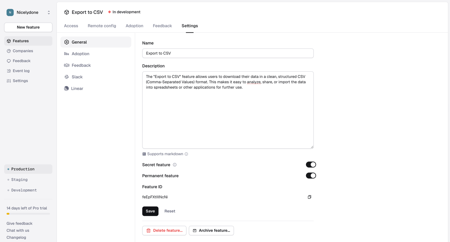 Reflag - Feature › Export to CSV › Feature Settings › General screen