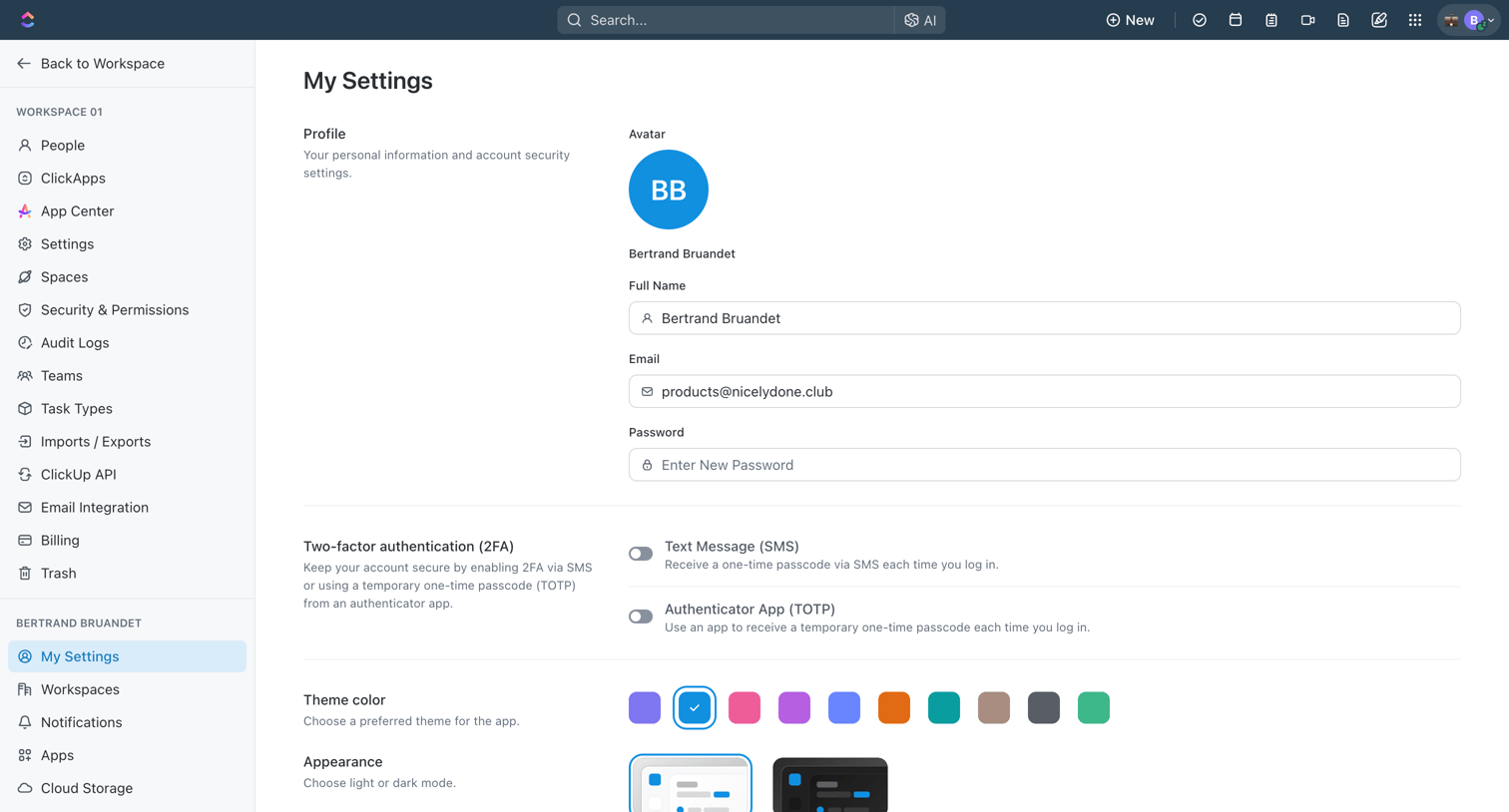 ClickUp - Profile | Workspace 01 screen
