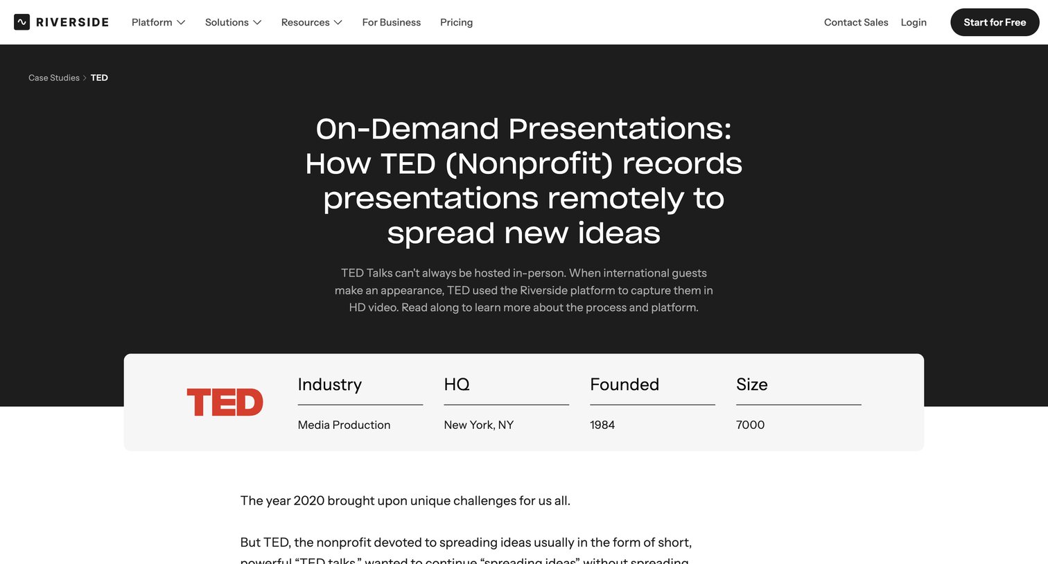 Riverside - On-Demand Presentations: How TED (Nonprofit) records presentations remotely to spread new ideas screen