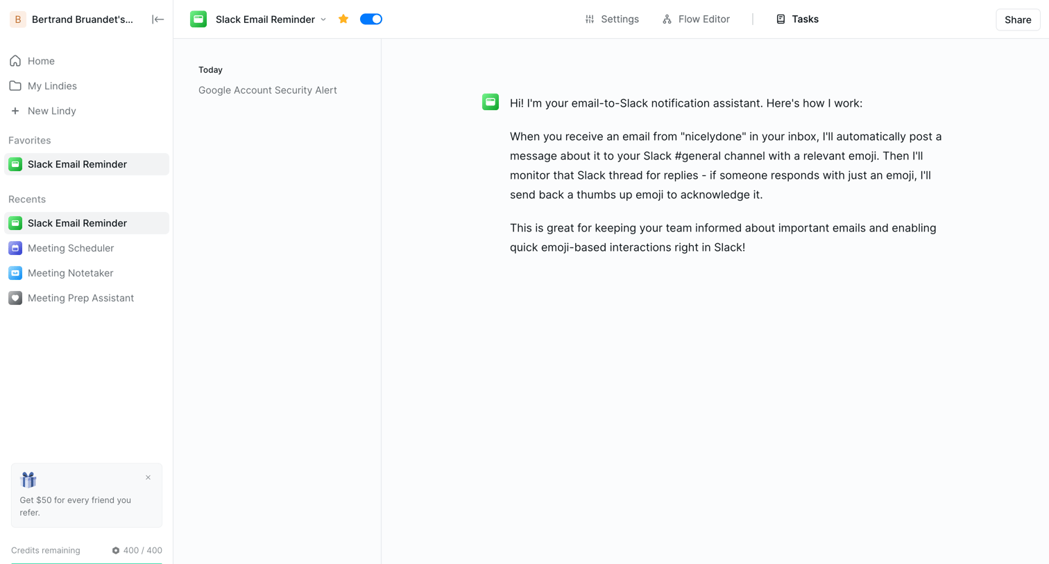 Lindy - Slack Email Reminder - New Task screen