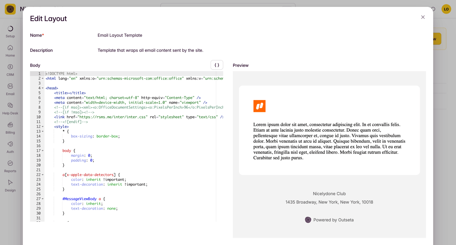 Outseta - Edit Template: Email Layout Template screen