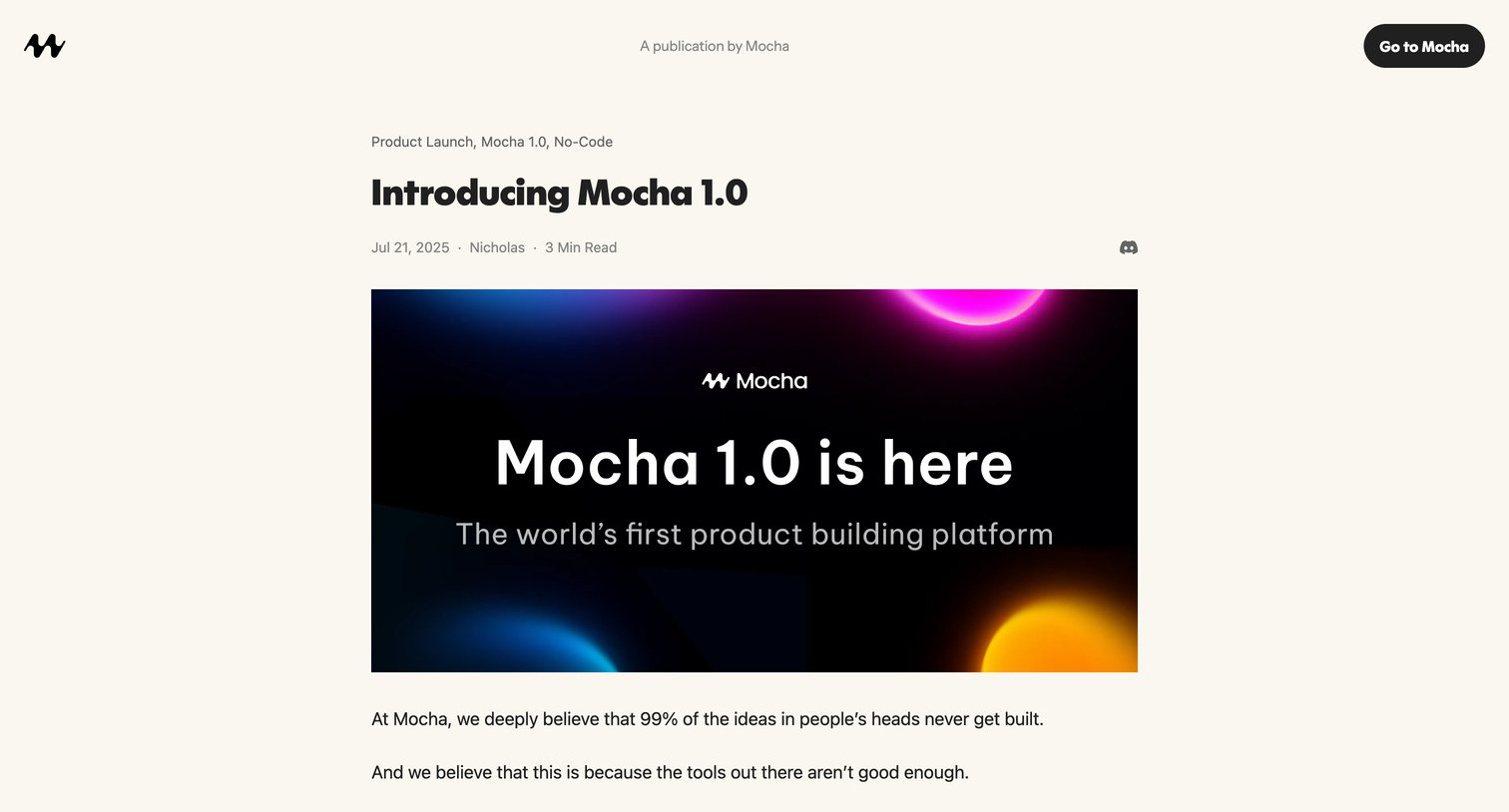 Mocha - Mocha 1.0 Launch - Build Complete Apps Without Code screen