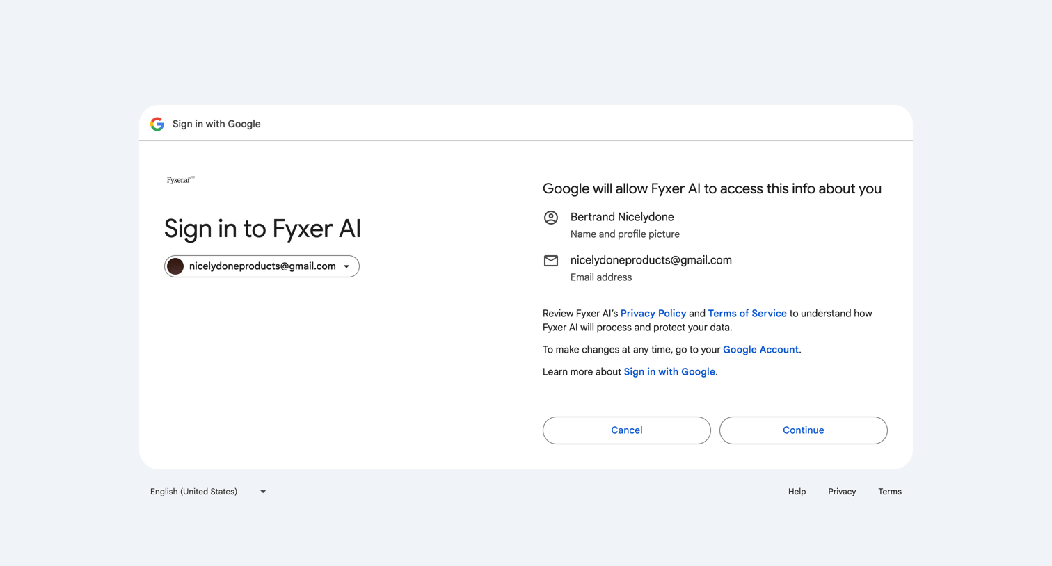 Fyxer - Sign in - Google Accounts screen