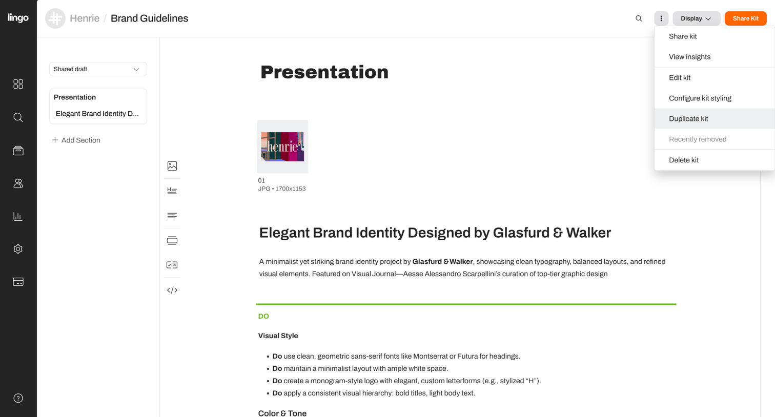 Lingo - Brand Guidelines: Presentation screen