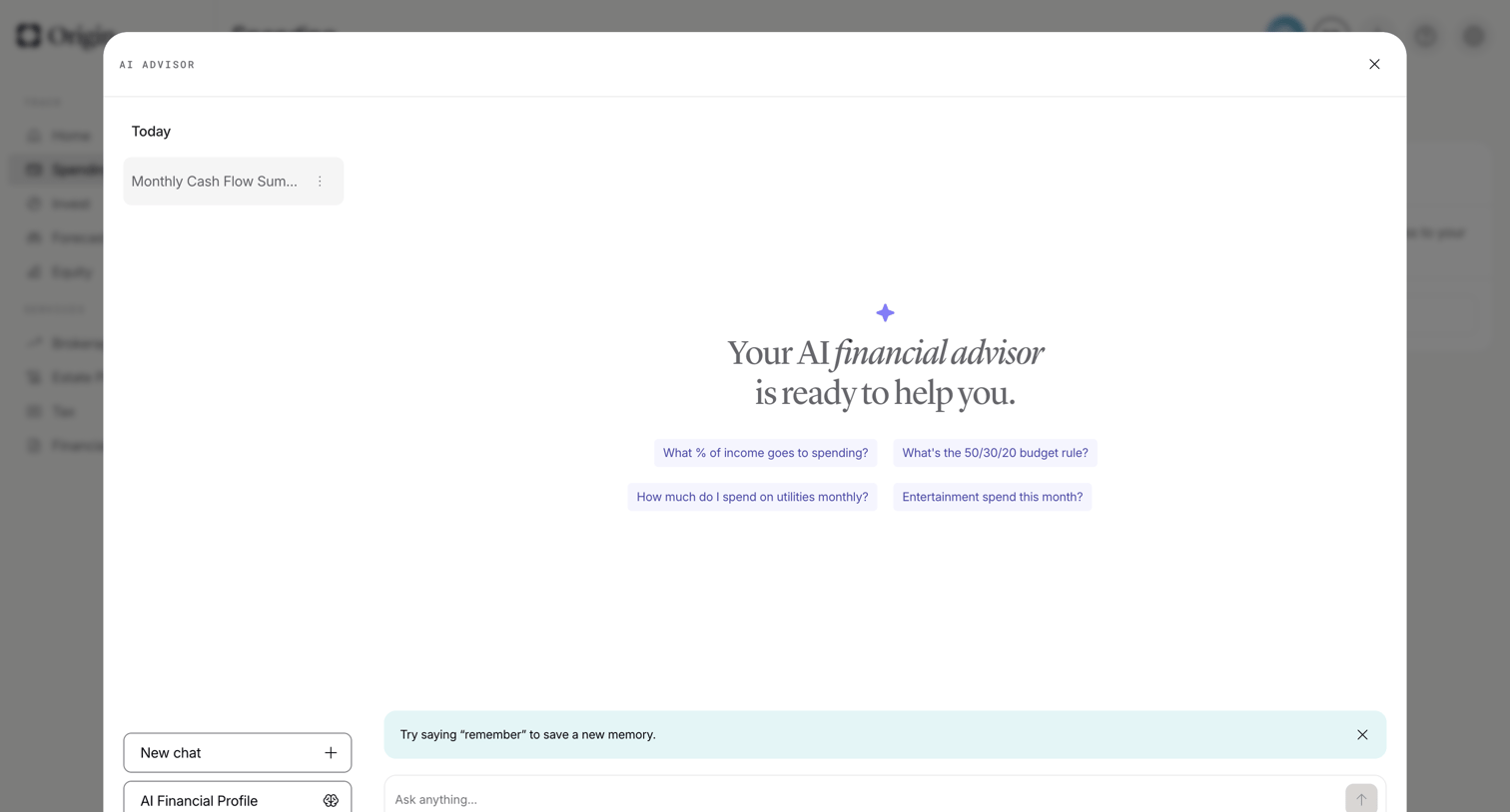 Origin Financial screen
