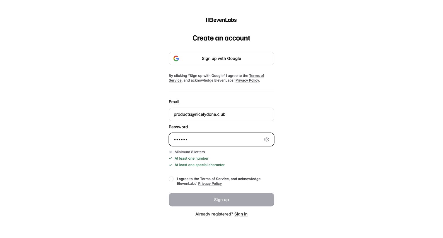 Elevenlabs - Sign Up | ElevenLabs screen