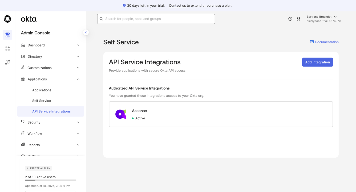 Okta - nicelydone-trial-5676070 - API Service Integrations screen