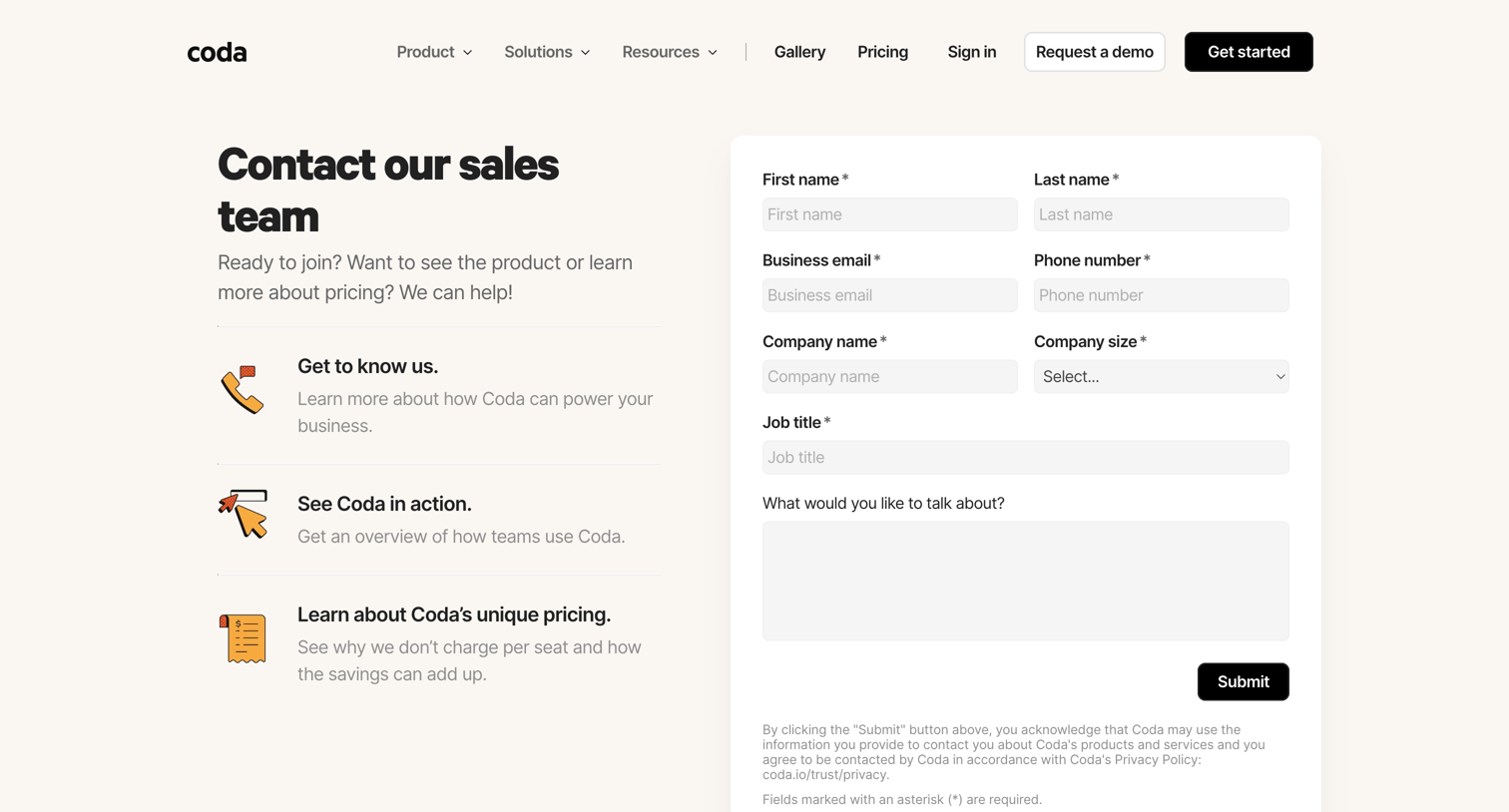 Coda - Coda | Contact sales, join the 25,000 teams using Coda screen