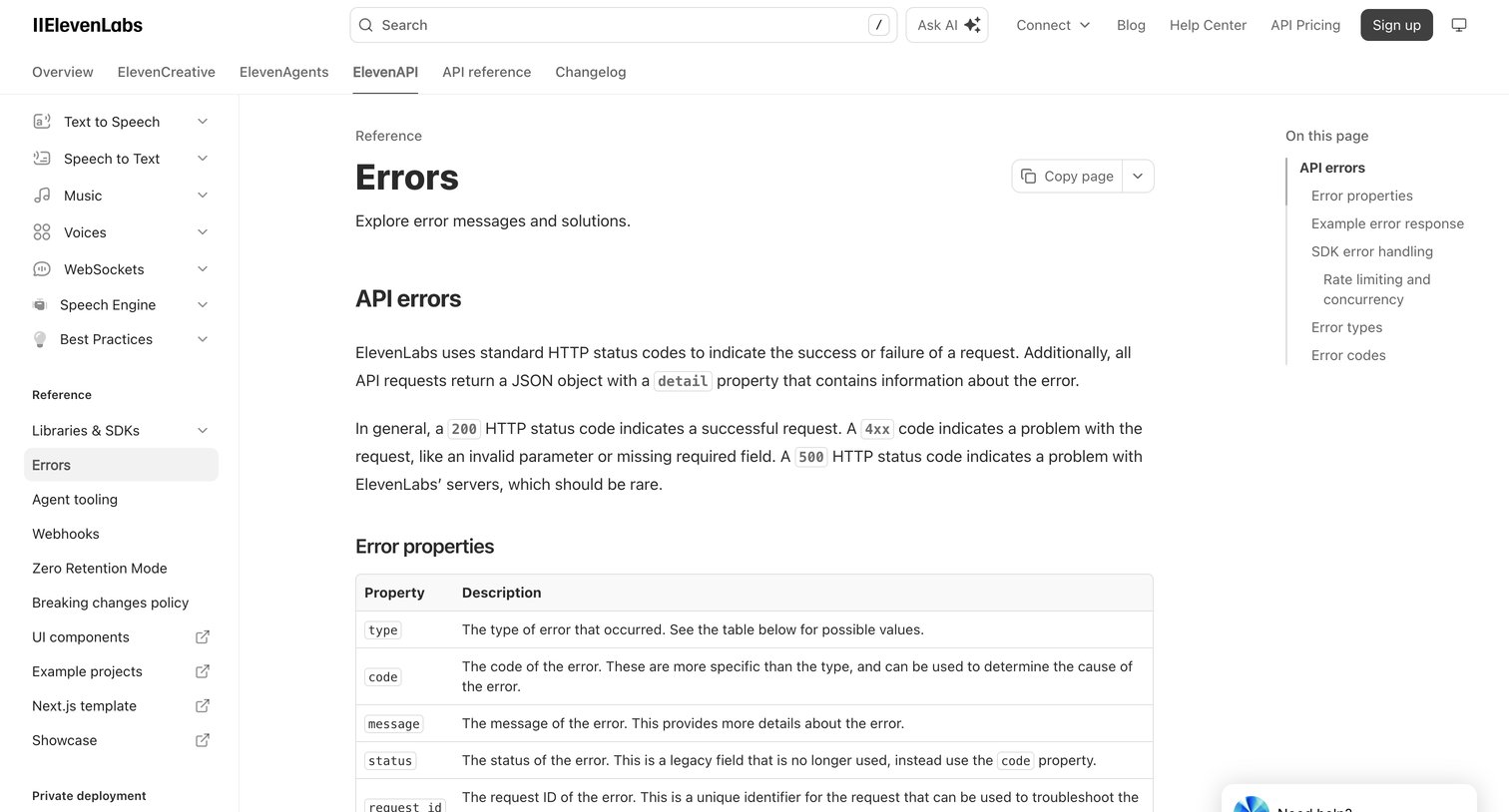 Elevenlabs - Errors ElevenLabs Documentation screen