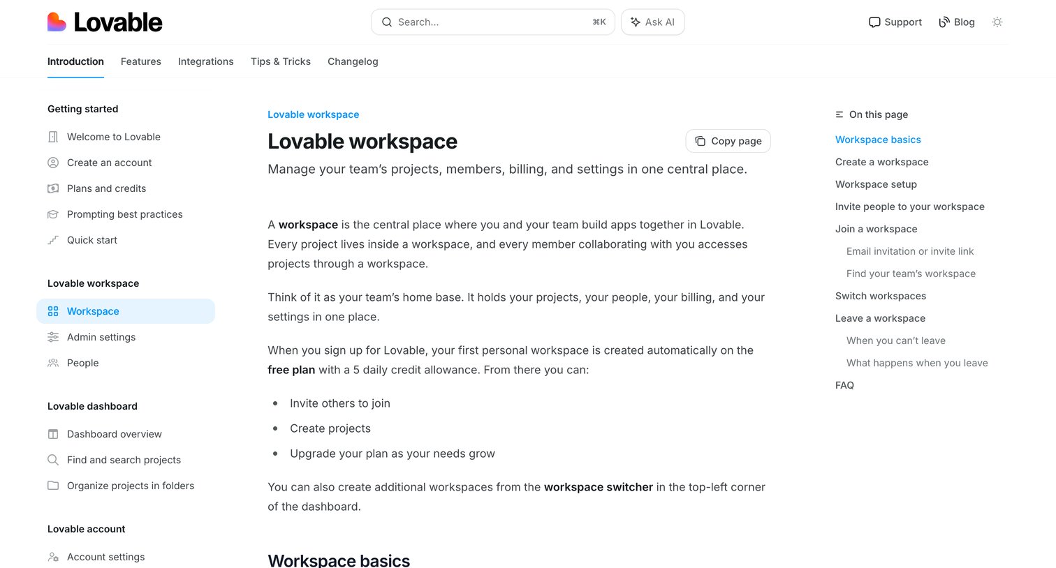 Lovable - Lovable workspace - Lovable Documentation screen
