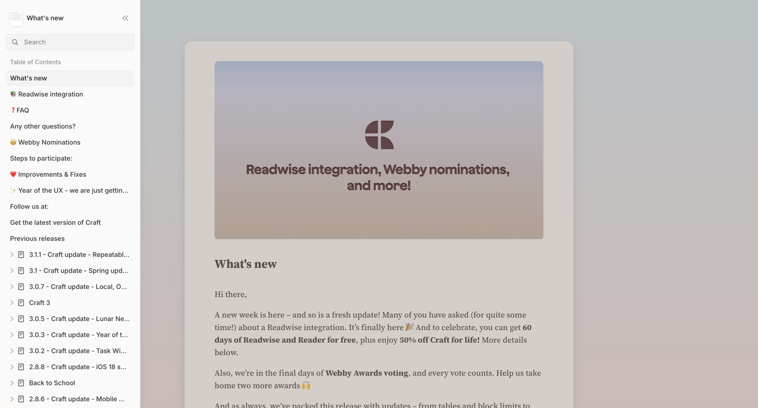 Craft - What's new screen