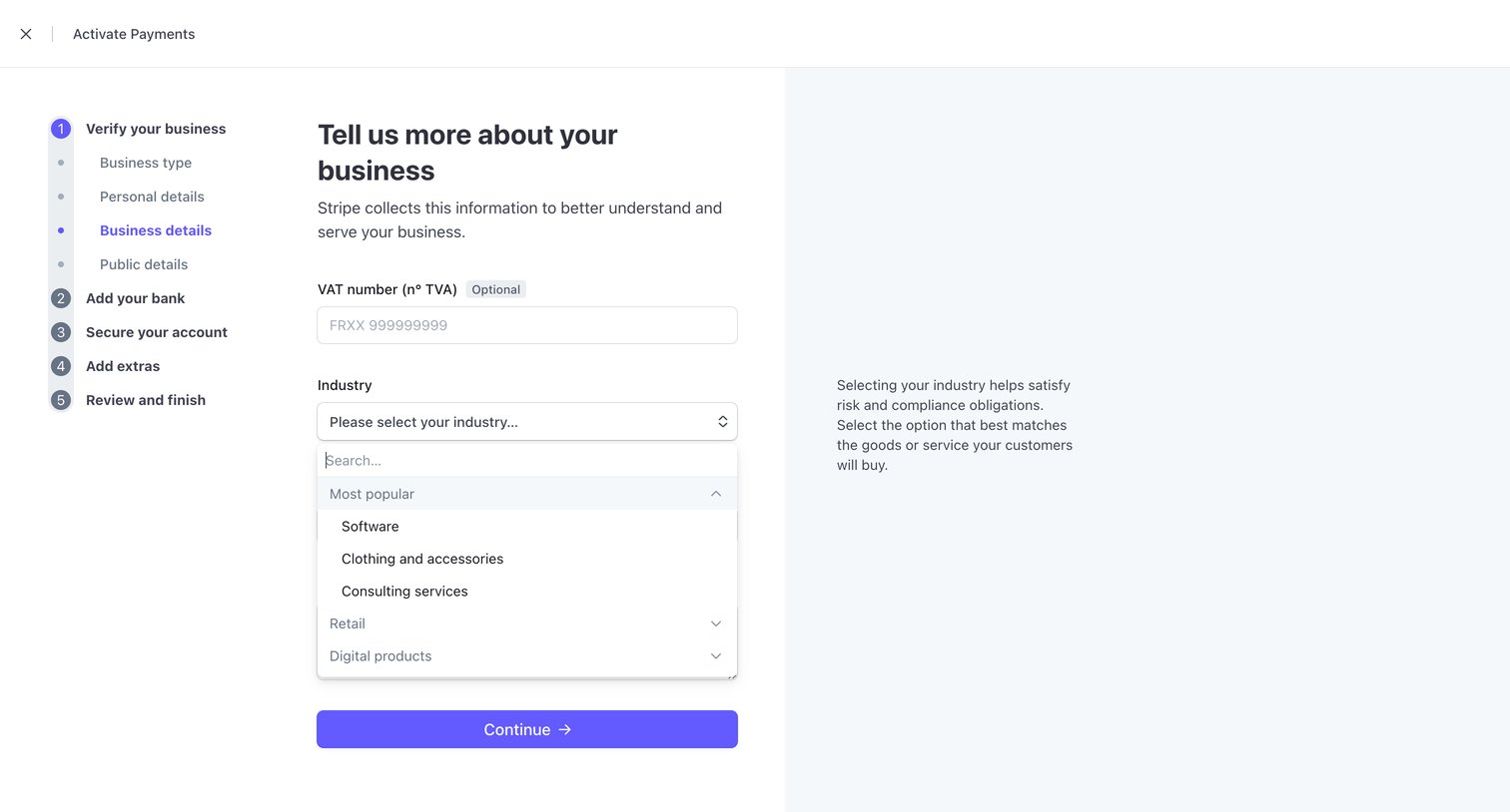 Stripe - Activate your account – New Business – Stripe screen